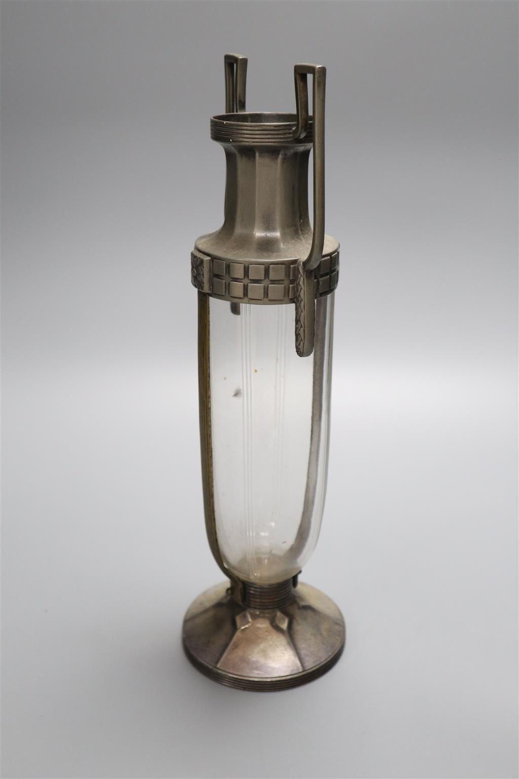 A WMF pewter and glass two handled vase, 33cm